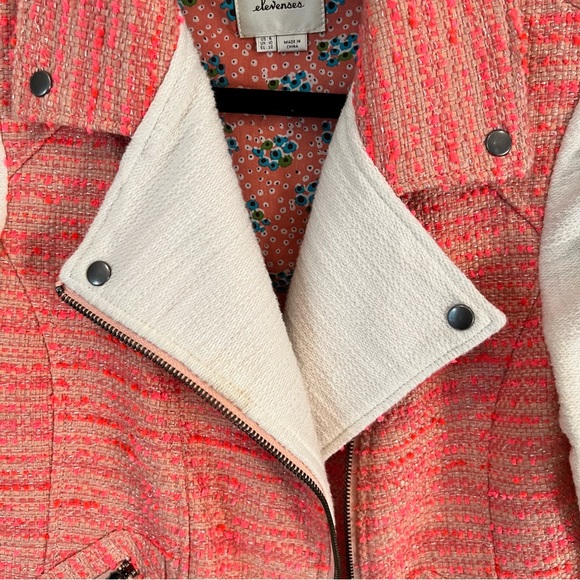 Anthropologie Elevenses Tweed Pink & Off White Zipper Front Moto Jacket | 6 - Picture 8 of 12